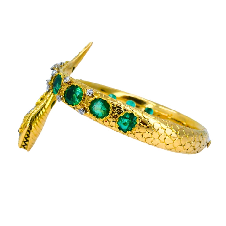 Vintage Snake Bangle Bracelet Gold Emerald Diamonds Estate Jewelry