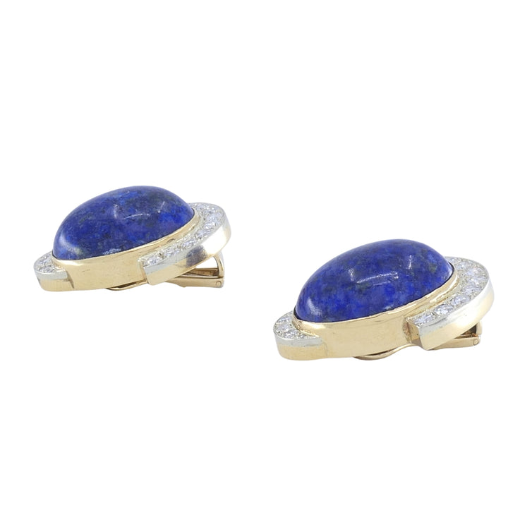 Sterlé Paris 14K Gold Lapis Lazuli Diamond Clip-On Earrings, circa 1960s - 1970s