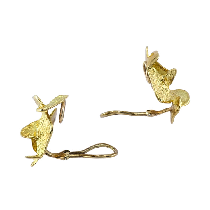 Vintage 18k Gold Modernist Abstract Floral Design Textured Clip-On Earrings