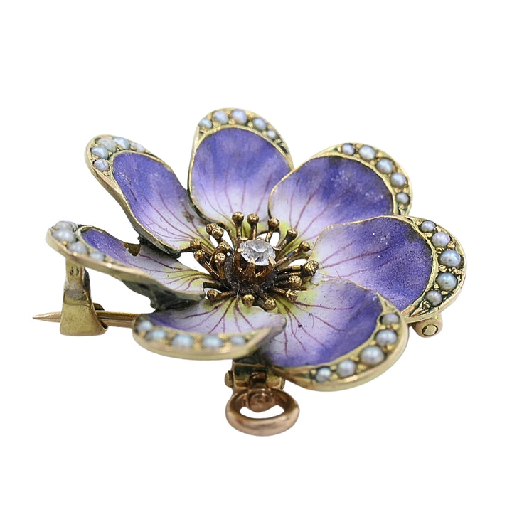 14k Gold Violet Flower Diamond Seed Pearl Pendant Brooch Necklace