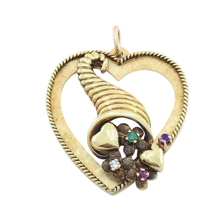 Vintage 14k Gold Heart Pendant Gemstone Cornucopia Design