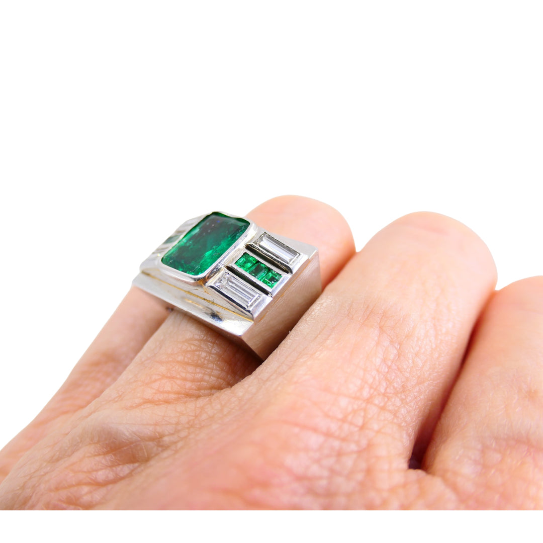 Emerald Diamond Ring Art Deco Revival Platinum Ring French