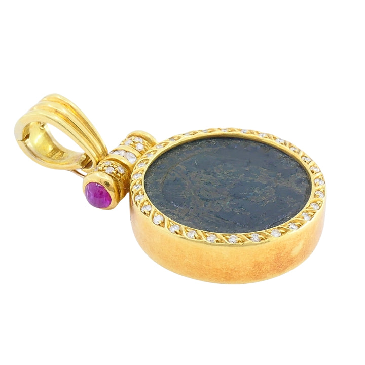 Ancient Coin 18k Gold  Diamond  Ruby Pendant