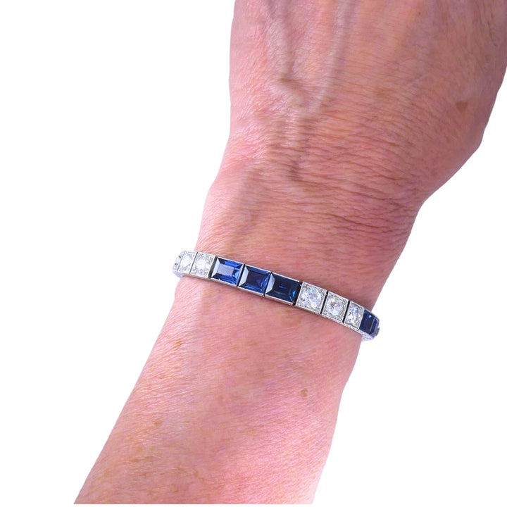 Art Deco Diamond Tennis Bracelet Sapphire Platinum Estate Jewelry