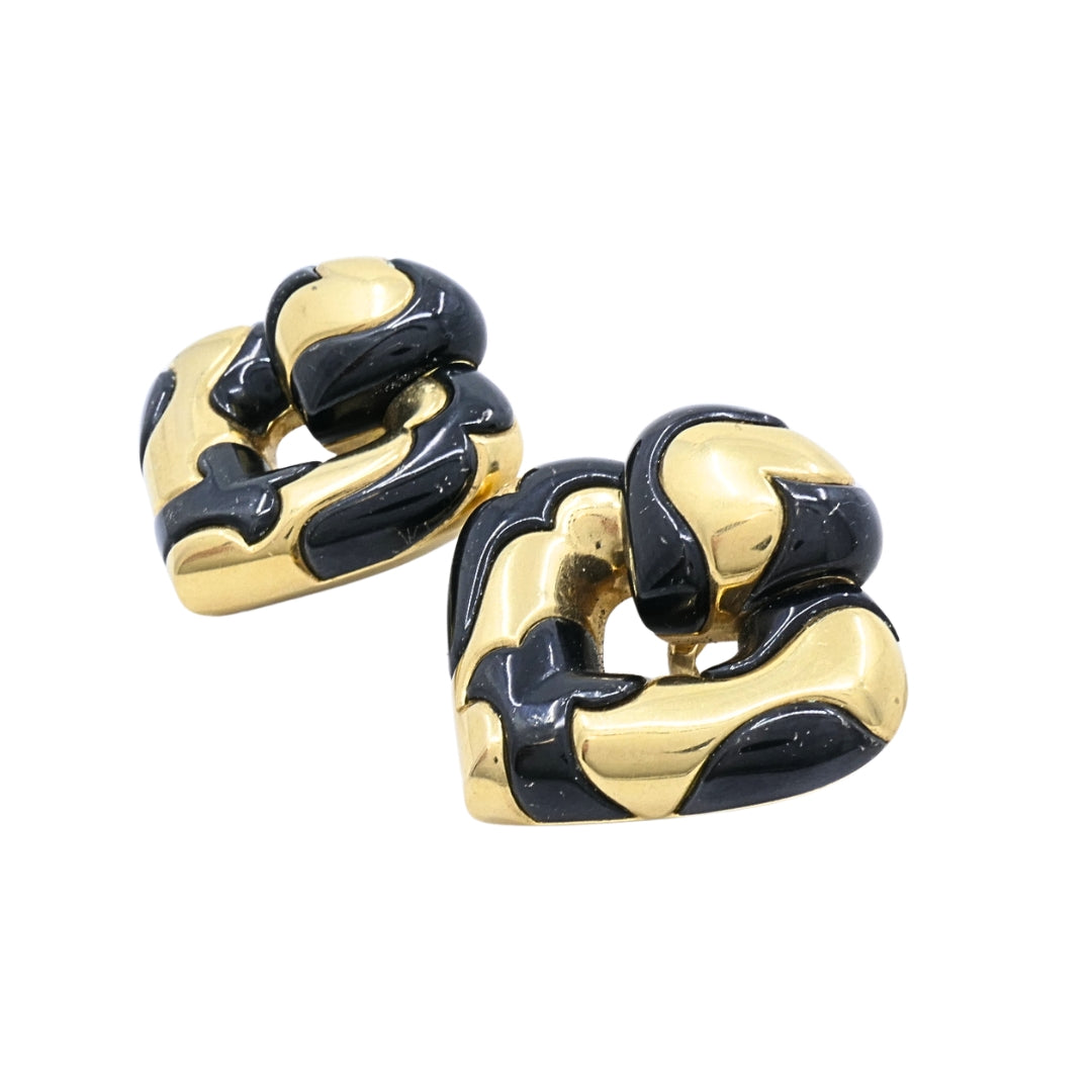Marina B 18k Gold Black Enamel Heart Earrings Vintage Italian Designer Clip-Ons
