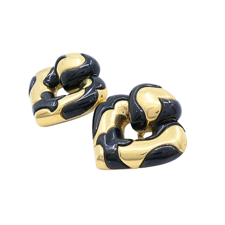 Marina B 18k Gold Black Enamel Heart Earrings Vintage Italian Designer Clip-Ons