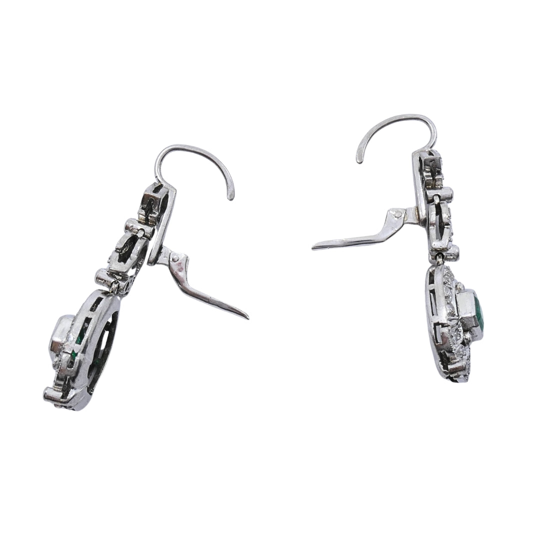 Art Deco-Style 12k White Gold Emerald Diamond Drop Earrings