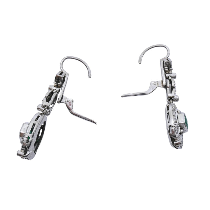 Art Deco-Style 12k White Gold Emerald Diamond Drop Earrings