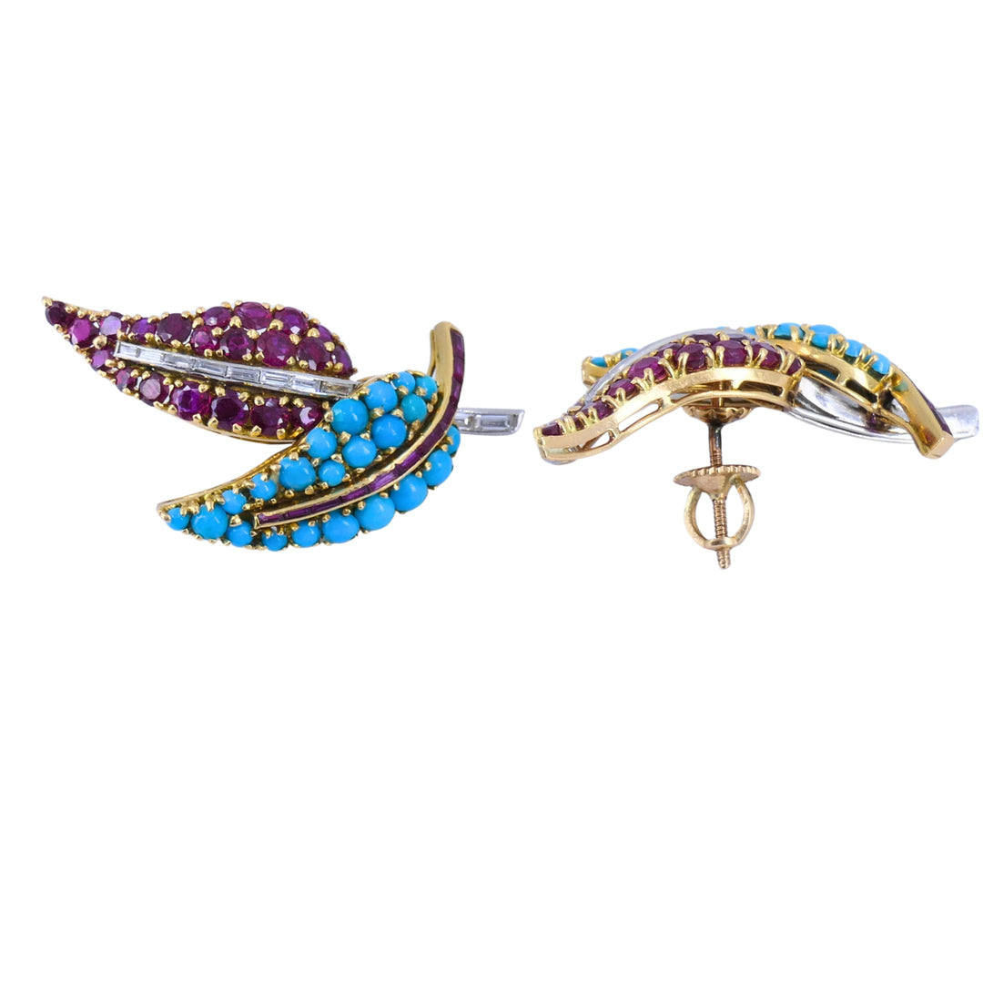 18k Gold Turquoise Ruby & Diamond Vintage Brooch and Earrings Set French Jewelry