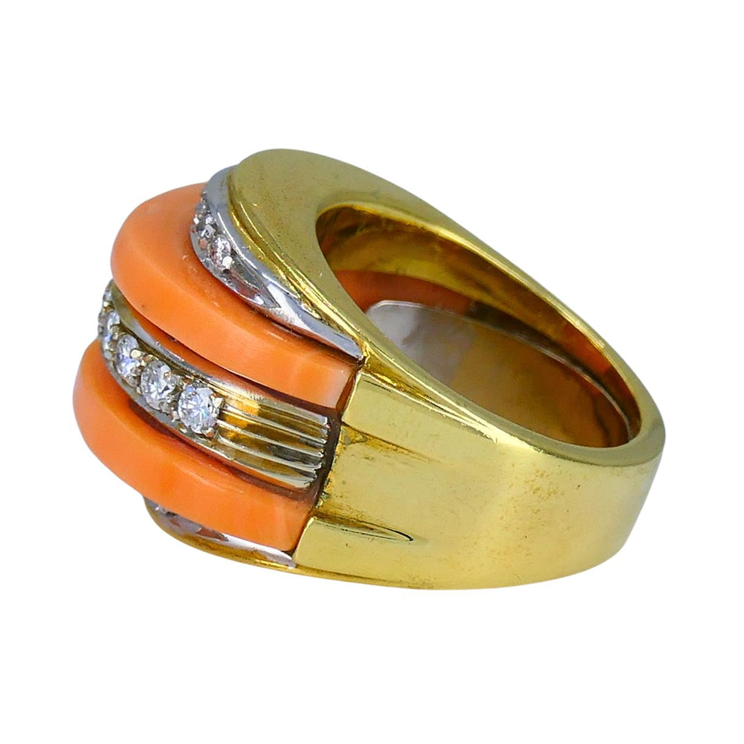 Vintage Italian 18k Gold Coral Diamond Ring