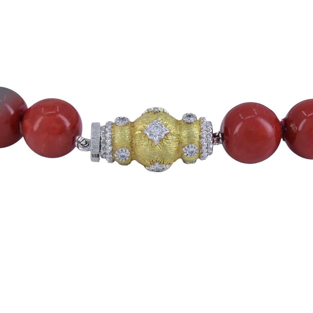 Mario Buccellati 18k Two Tone Gold Diamond Red Coral Bead Necklace 1960s