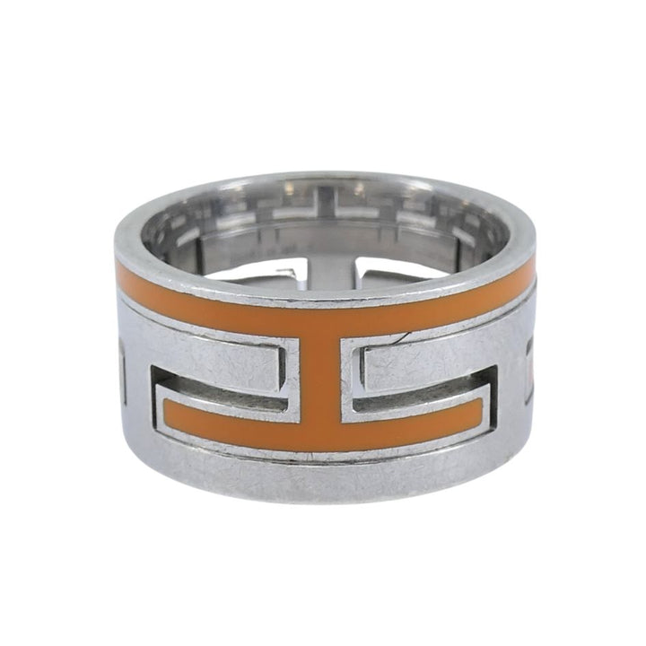 Hermès Sterling Silver Orange Enamel 'H' Motif Band Ring