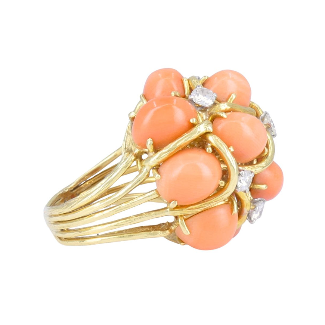 David Webb 18k Gold Coral Diamond Cocktail Dome Ring