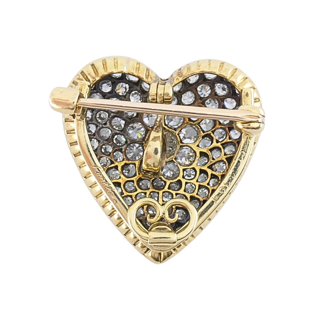 Cartier 18k Gold Platinum Pavé Diamond Heart Brooch-Pendant