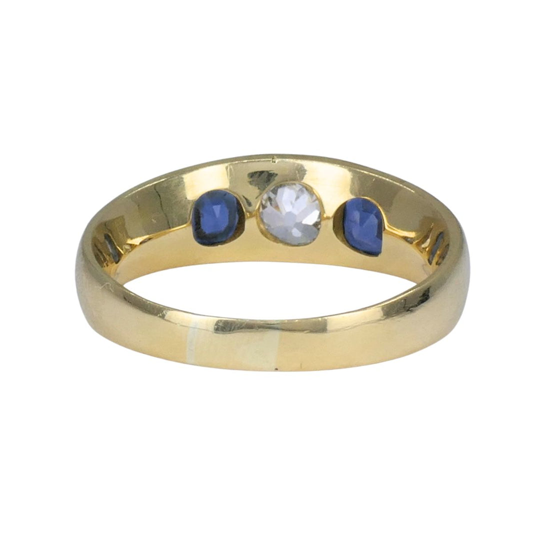 Vintage 18k Gold Sapphire Diamond Gypsy Three Stone Ring