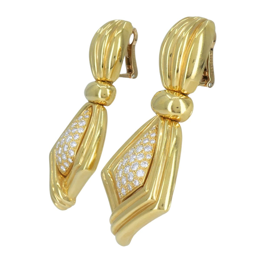 Vintage Boucheron Paris 18k Gold Diamond Ribbed Drop Earrings
