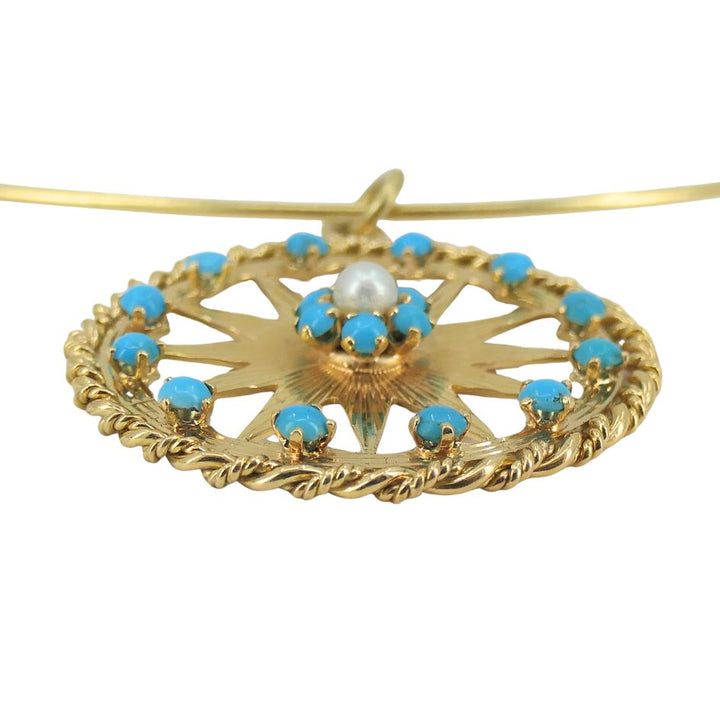 Vintage French Gold Turquoise Pearl Star Pendant Necklace