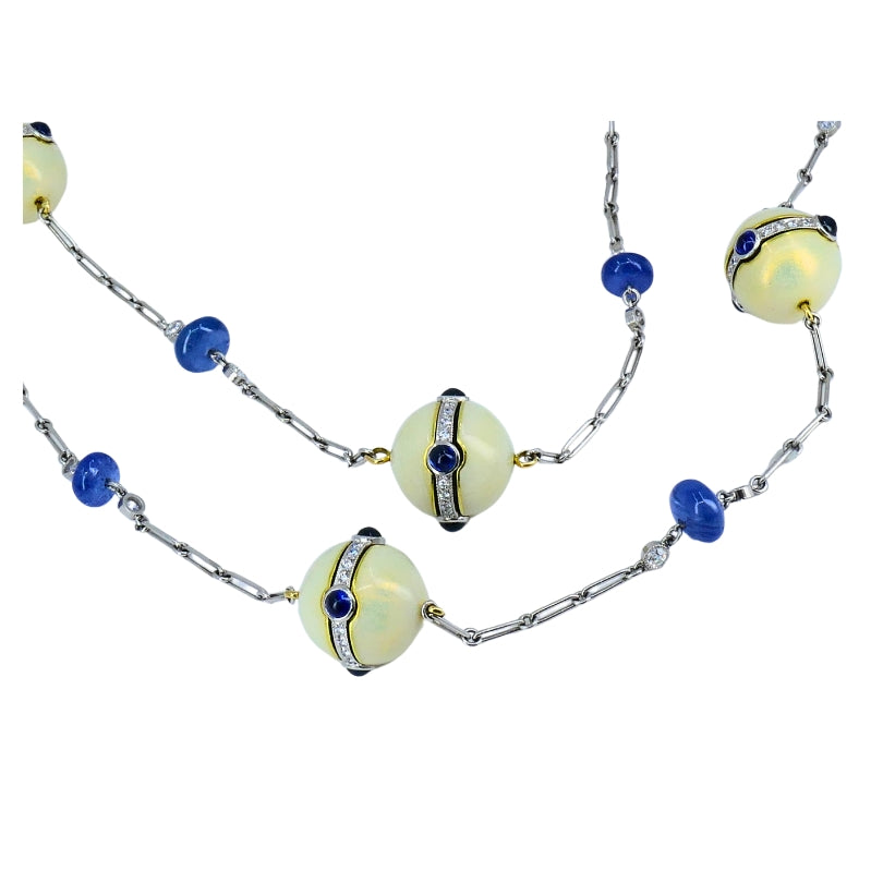 Art Deco Revival Platinum Chain Necklace Diamond Sapphire Enamel Beads