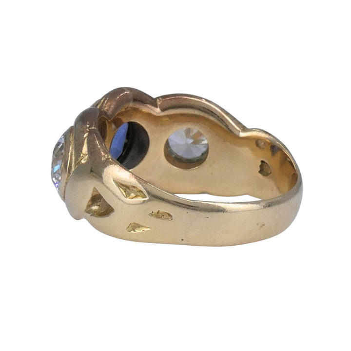 Antique 14k Gold Sapphire Old European Cut Diamond Three Stone Ring