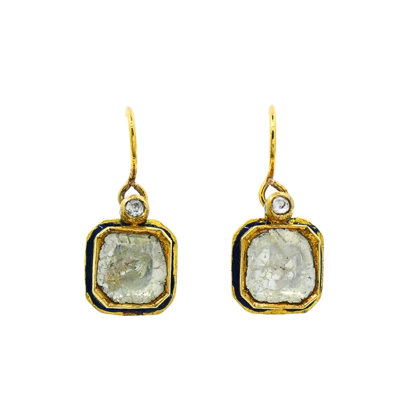 Antique 18k Gold Earrings Diamond Enamel Indian Origin