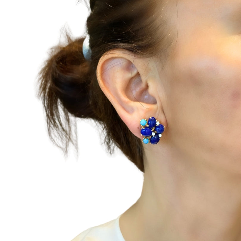 Vintage 14k Gold Lapis Lazuli Turquoise Diamond Brooch & Earrings Set