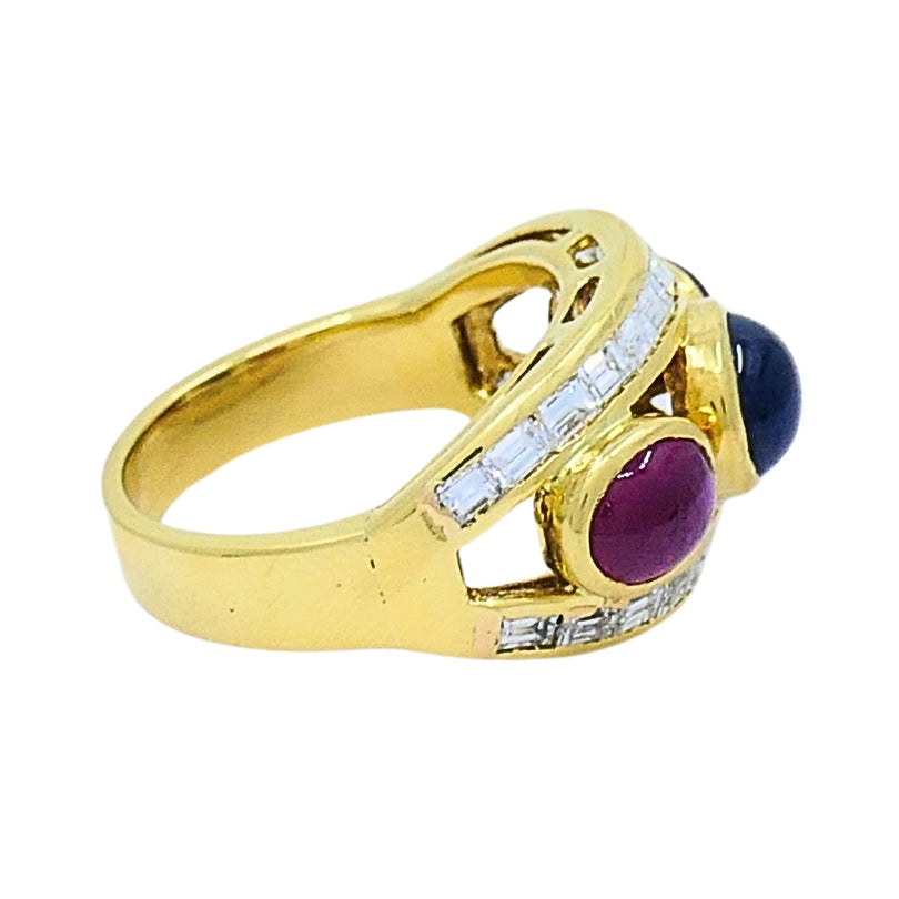 Vintage 18k Gold Ring Cabochon Ruby Sapphire Diamond