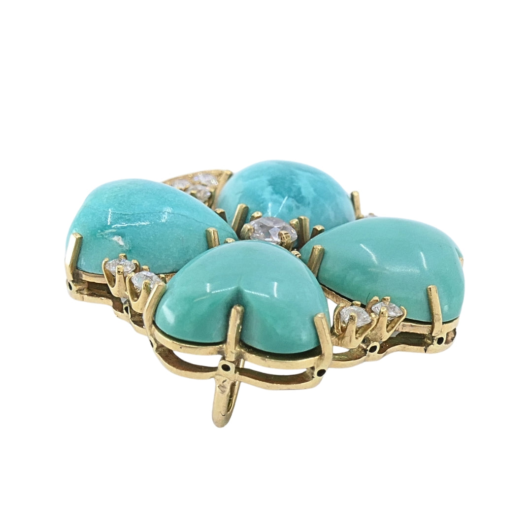 Vintage 14k Gold Turquoise Heart Clover Pendant with Diamonds