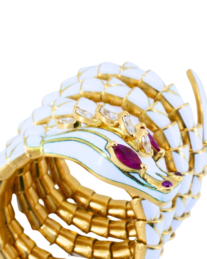 Rare Bvlgari Vintage Bulgari Dragon Bracelet 18k Gold Diamond White Enamel