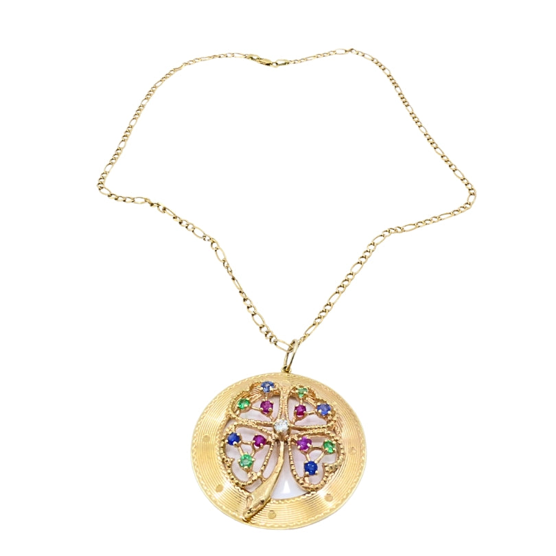 14K Gold  Gemstones Clover Pendant Necklace