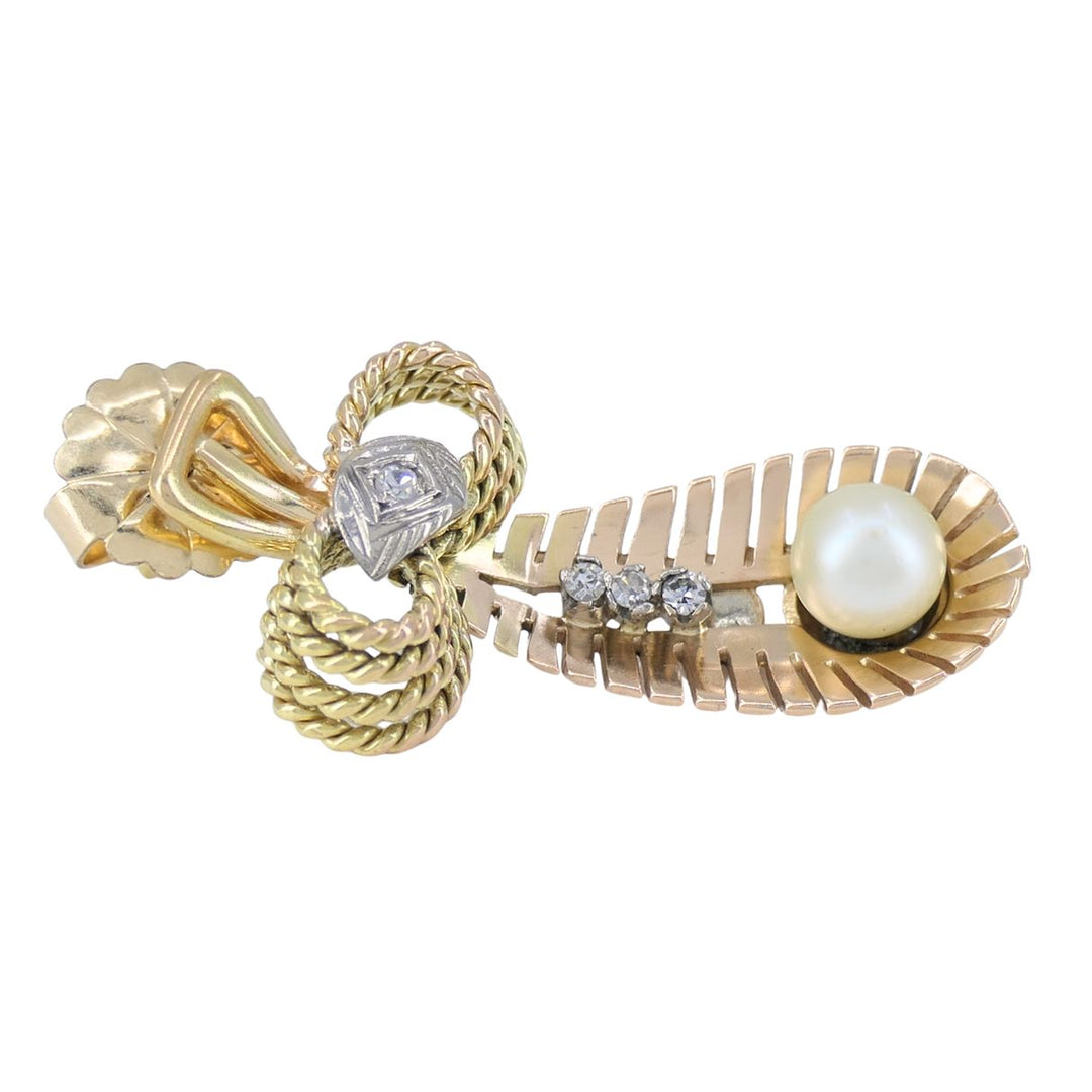 Retro 14k Tri Color Gold Diamond & Pearl Earrings Circa 1940s