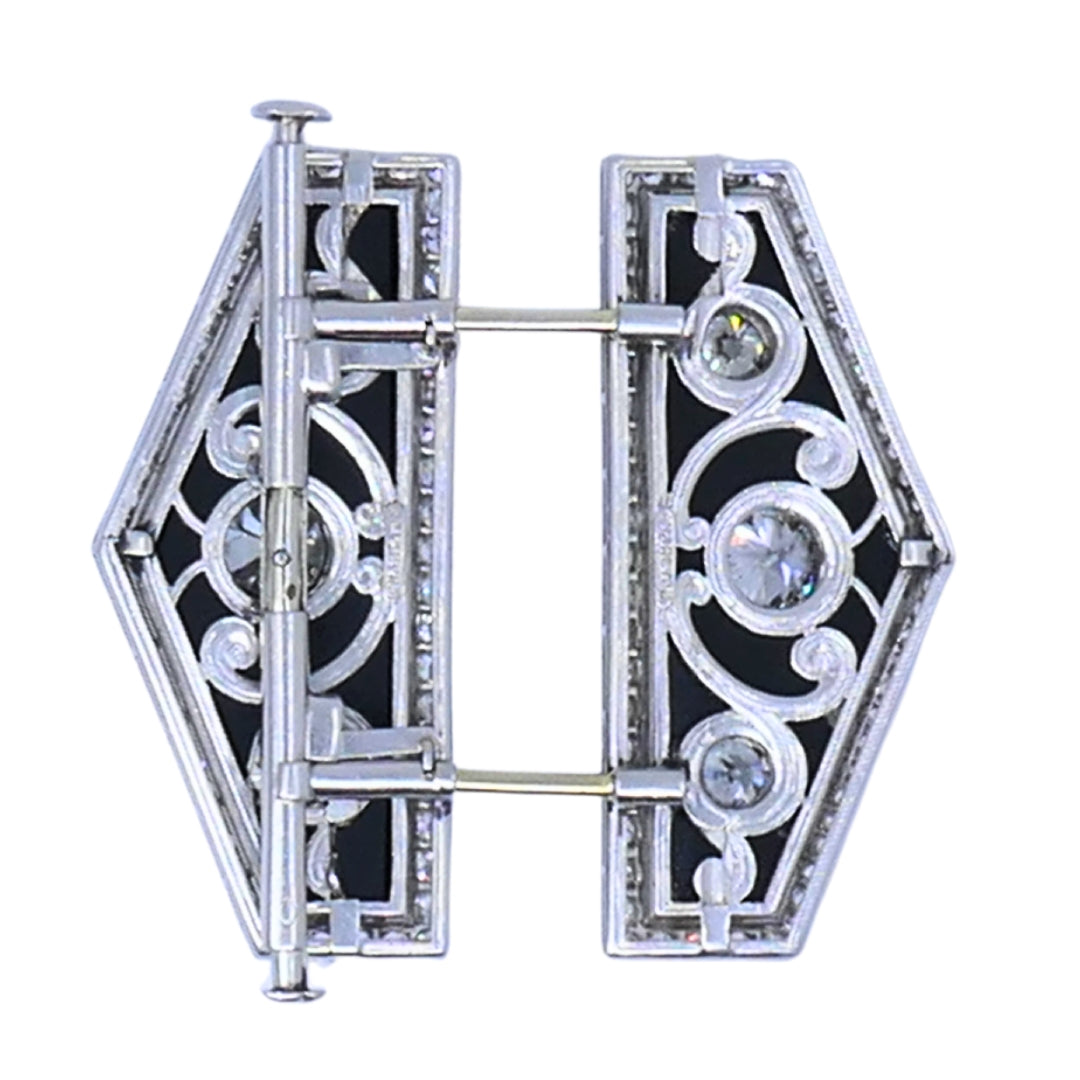 Art Deco Platinum Diamond & Onyx Double Clip Brooch Charlton & Co.