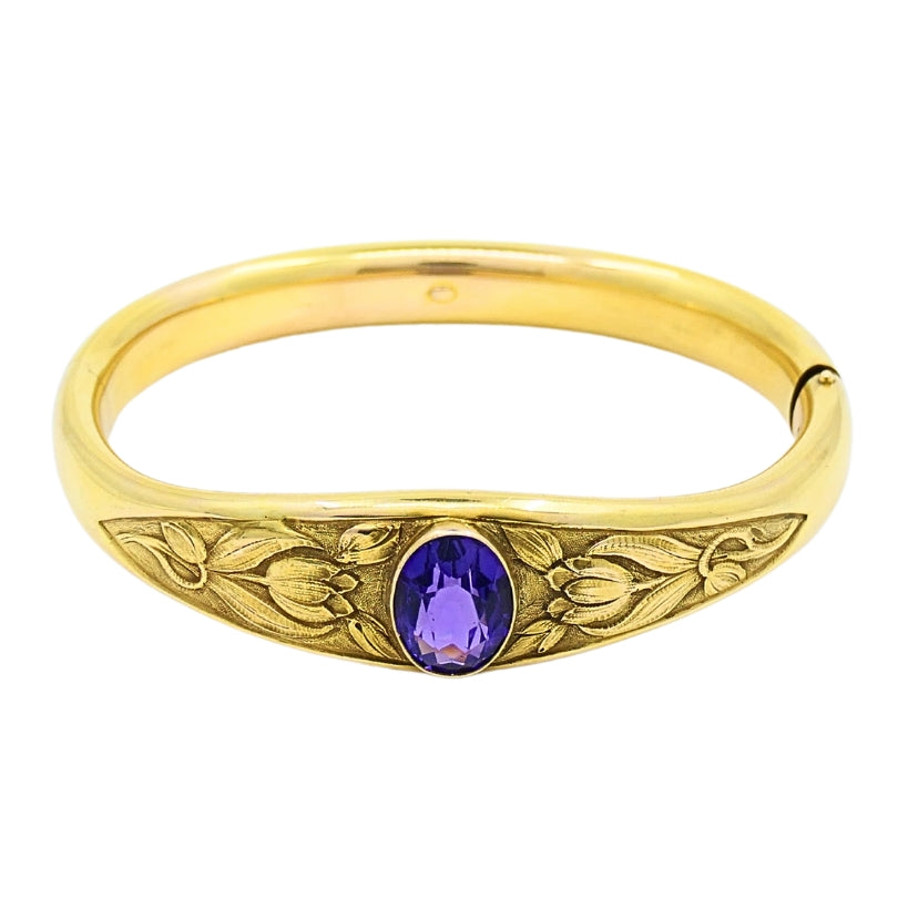 Riker Brothers Art Nouveau 14k Gold Bangle Amethyst Bracelet