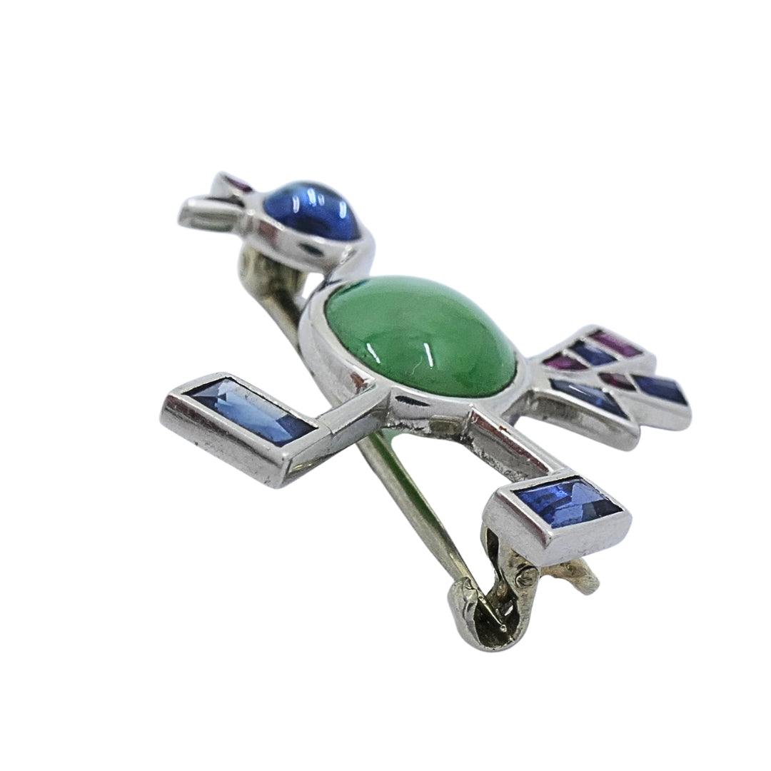 Vintage Modernist 14k White Gold Multigemstone Bird Brooch