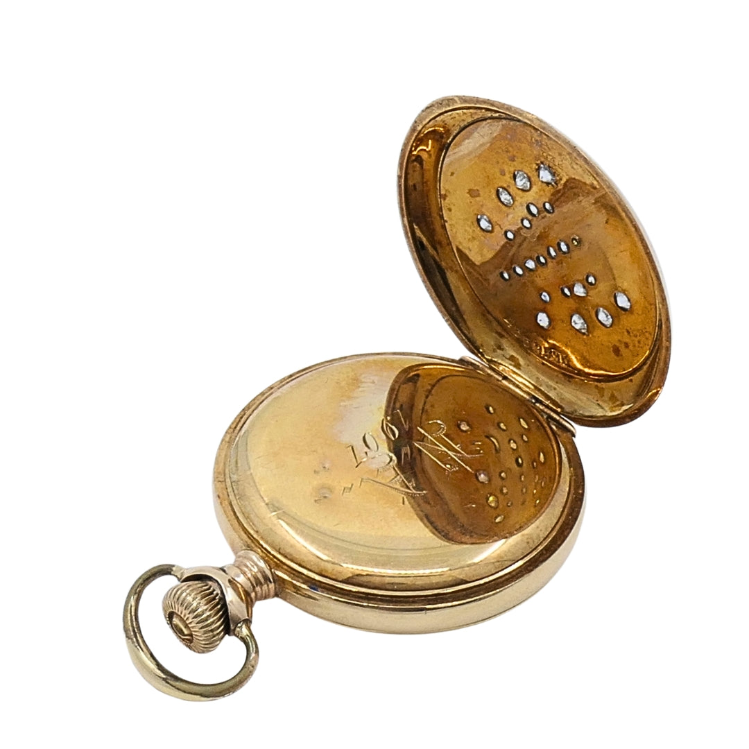 Antique Elgin 14K Gold Keystone Hunter Case Pocket Watch Diamond Butterfly