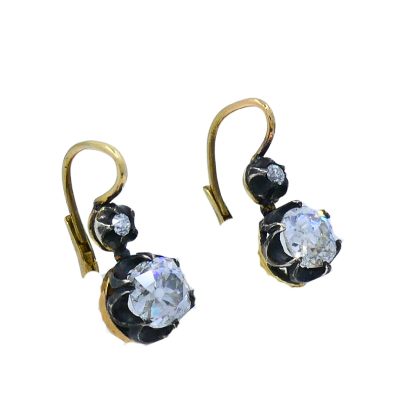 Victorian 14k Gold Silver Two-Stone Diamond Earrings Old Mine Cut, Antique