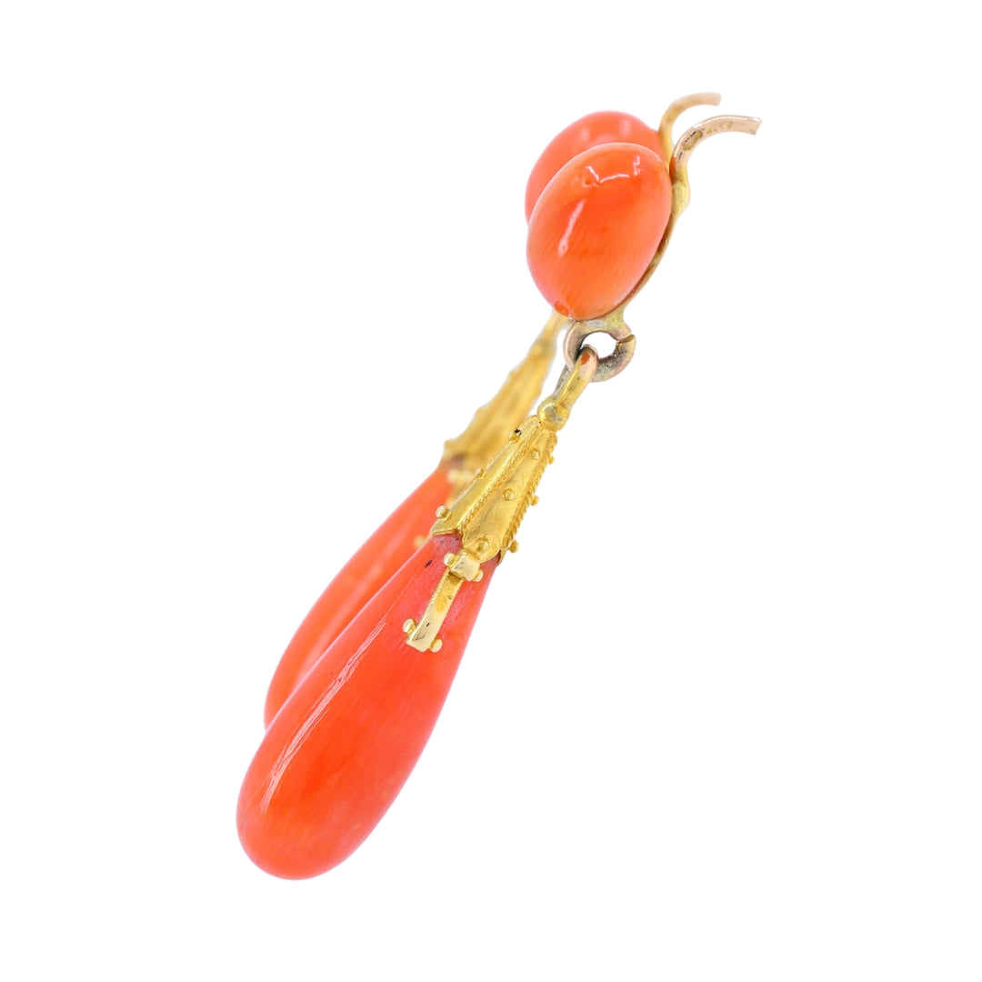 Victorian French 18k Yellow Gold Coral Drop Earrings