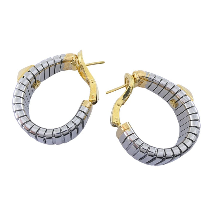 Bvlgari 18k Yellow Gold & Steel Tubogas Pyramid Hoop Earrings