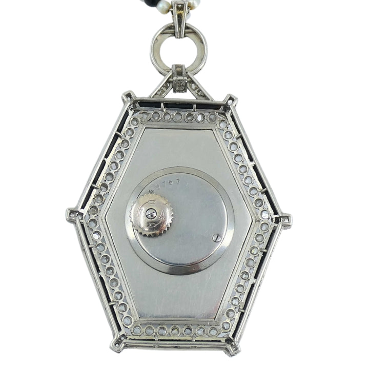 Art Deco Jaeger-LeCoultre Watch Pendant Jade Black Onyx Seed Pearl Necklace