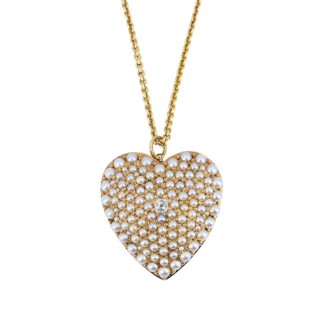 Vintage 14k Gold Diamond Pearl Heart Pendant Necklace