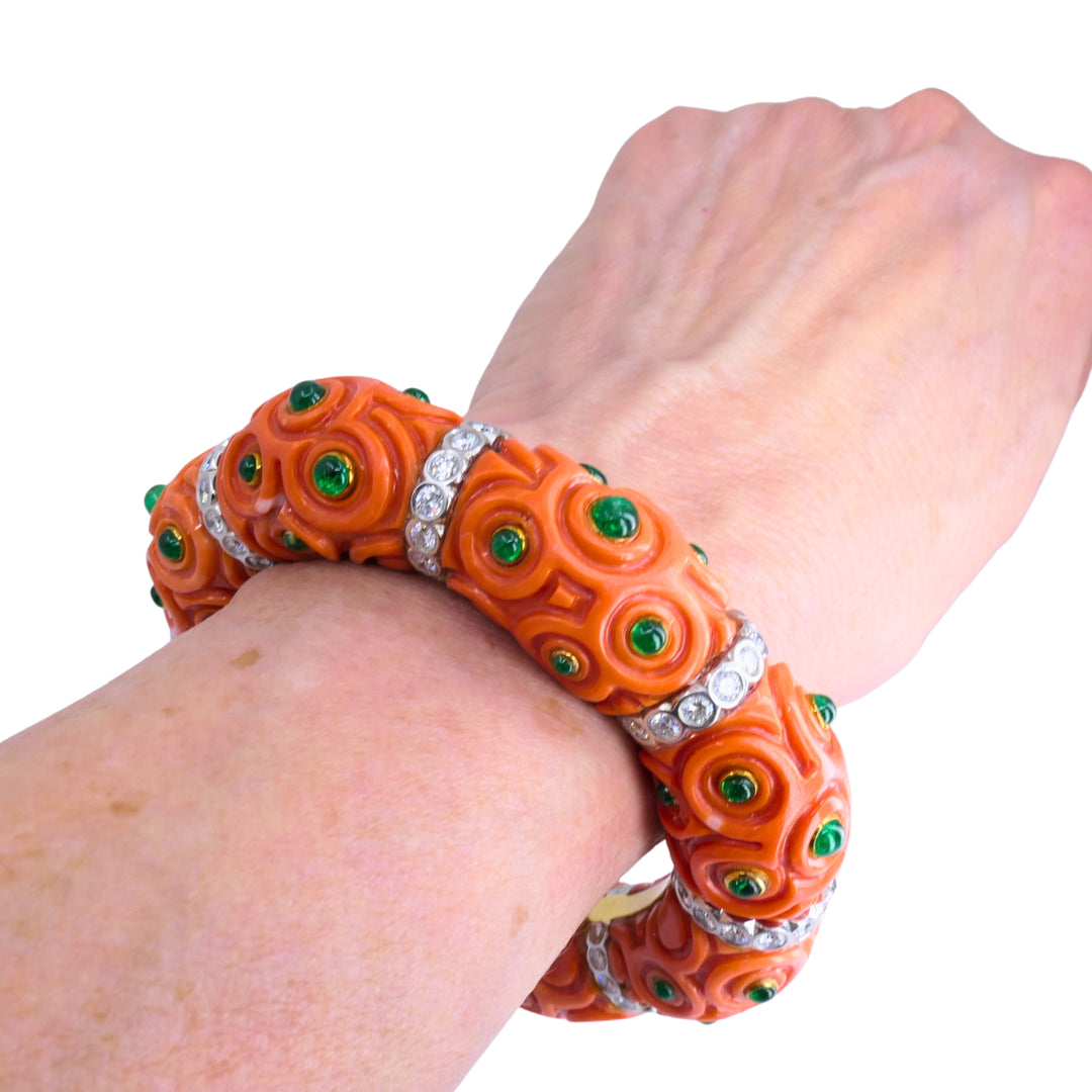 Steven Grotell Platinum and 18k Gold Bracelet Diamond Emerald Carved Coral