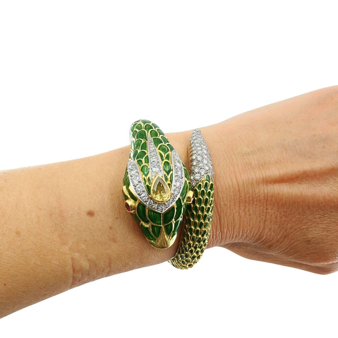 Vintage 18k Gold Platinum Snake Bangle Bracelet Diamond Yellow Sapphire Ruby