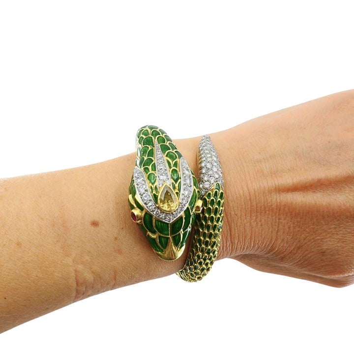 Vintage 18k Gold Platinum Snake Bangle Bracelet Diamond Yellow Sapphire Ruby