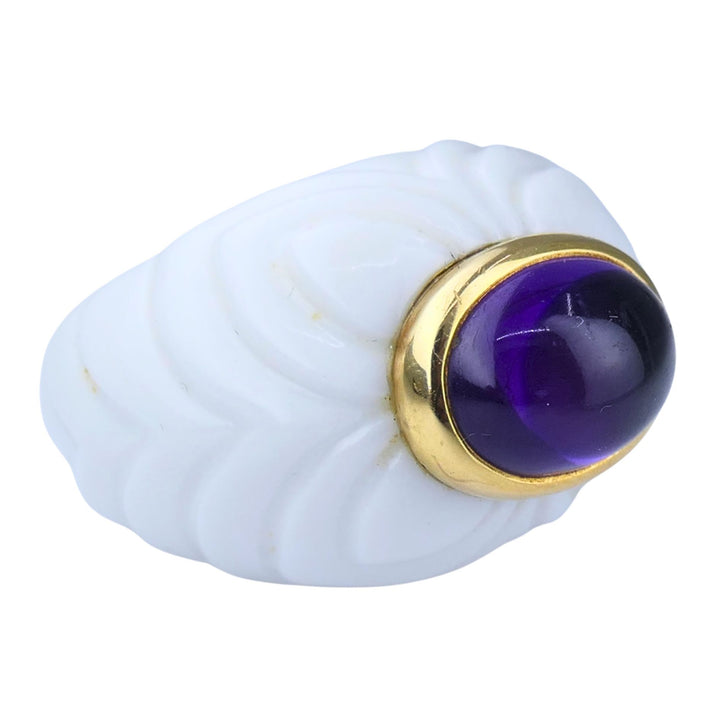 BVLGARI Bulgari Chandra Ring 18k Gold Amethyst Porcelain 1990s Ring Size 4