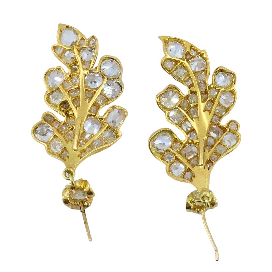 Vintage 14k Gold Diamond Leaf Drop Earrings