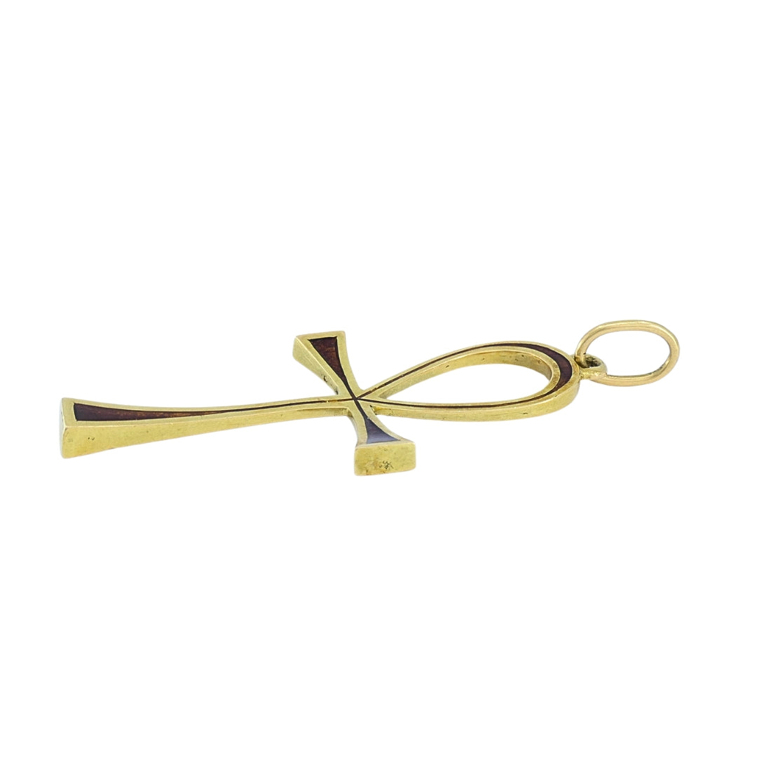 Ankh Cross Pendant 18k Gold Enamel and 14k Gold Wire Choker Necklace