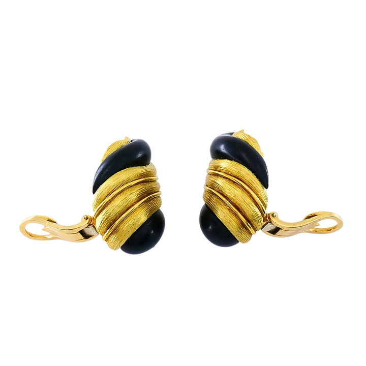 Henry Dunay 18k Gold Ebony Wood Clip-On Earrings, Vintage 1980s