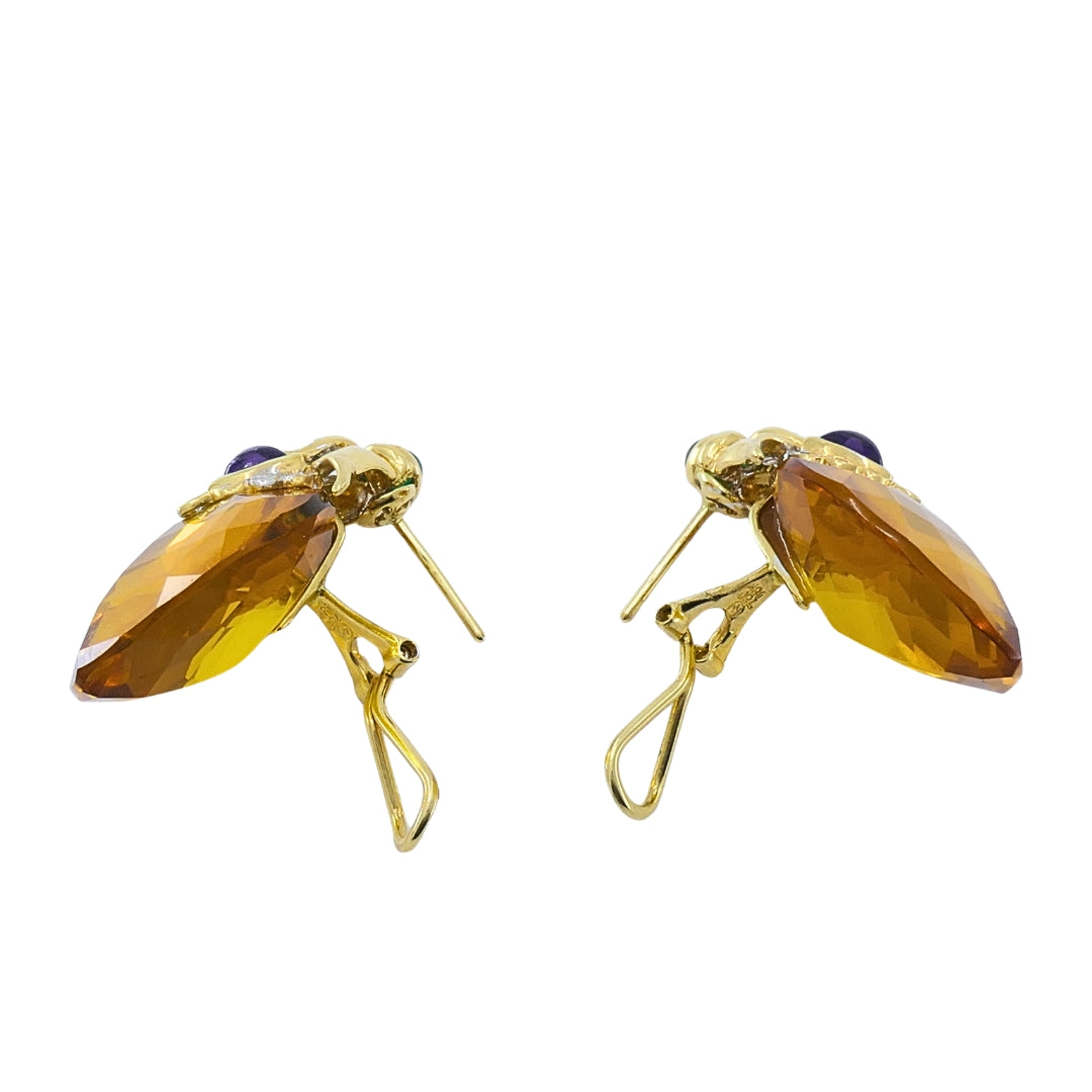 Vintage 18k Gold Citrine Heart Multi-Gemstone Earrings