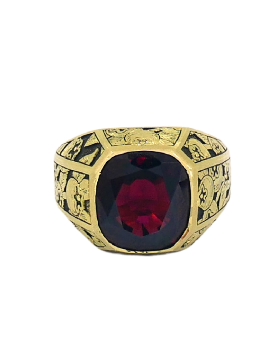 Garnet Ring Engraved 18k Gold Men Ring Cushion Cut