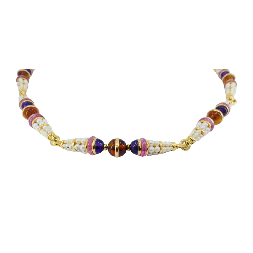 Vintage Bvlgari 1990s Bulgari 18k Gold Gemstone Pearl Necklace Estate Jewelry