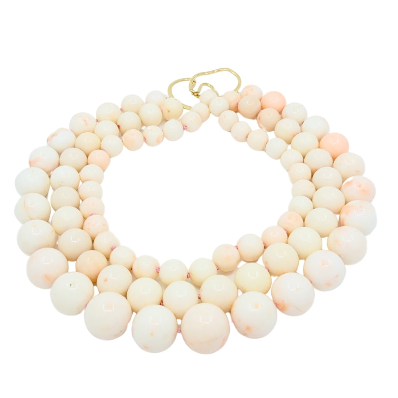 Angel Skin Coral Triple Strand Necklace 14K Gold